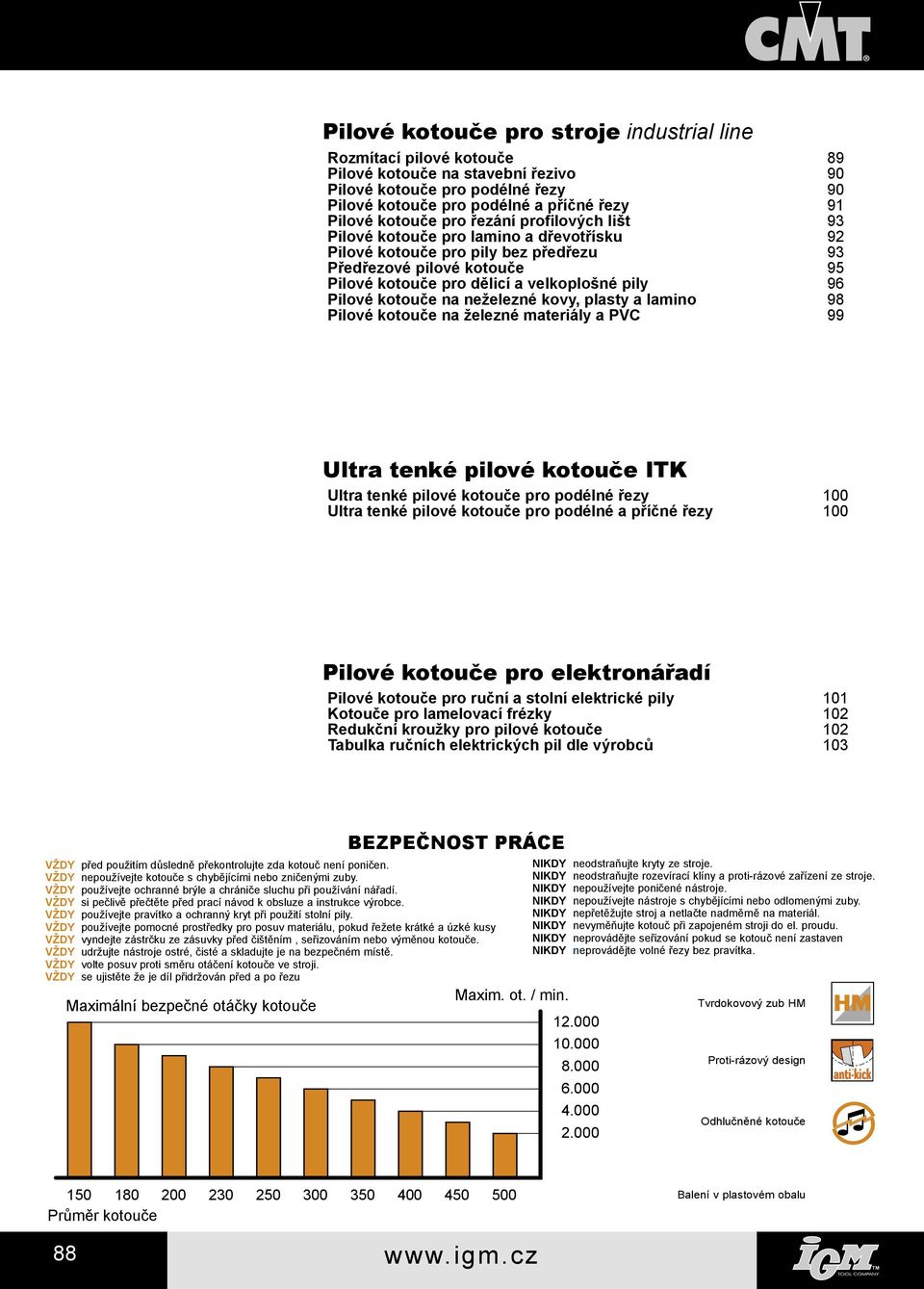 neželezné kovy, plasty a lamino 98 ilové kotouče na železné materiály a VC 99 Ultra tenké pilové kotouče IT Ultra tenké pilové kotouče pro podélné řezy 100 Ultra tenké pilové kotouče pro podélné a