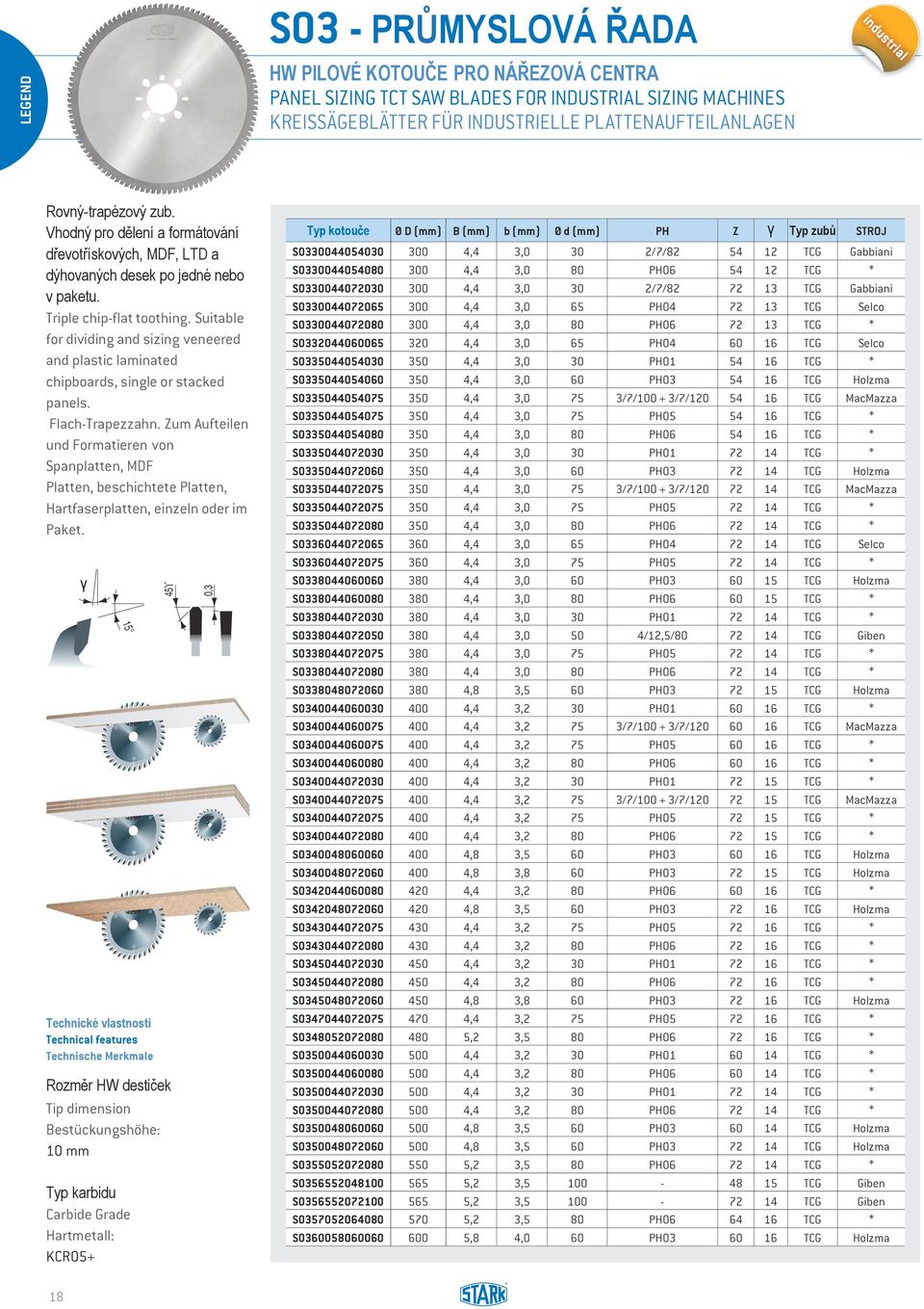 Suitable for dividing and sizing veneered and plastic laminated chipboards, single or stacked panels. Flach-Trapezzahn.