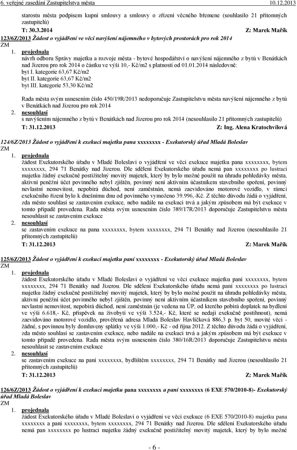 nájemného z bytů v Benátkách nad Jizerou pro rok 2014 o částku ve výši 10,- Kč/m2 s platností od 01.01.2014 následovně: byt I. kategorie 63,67 Kč/m2 byt II. kategorie 63,67 Kč/m2 byt III.