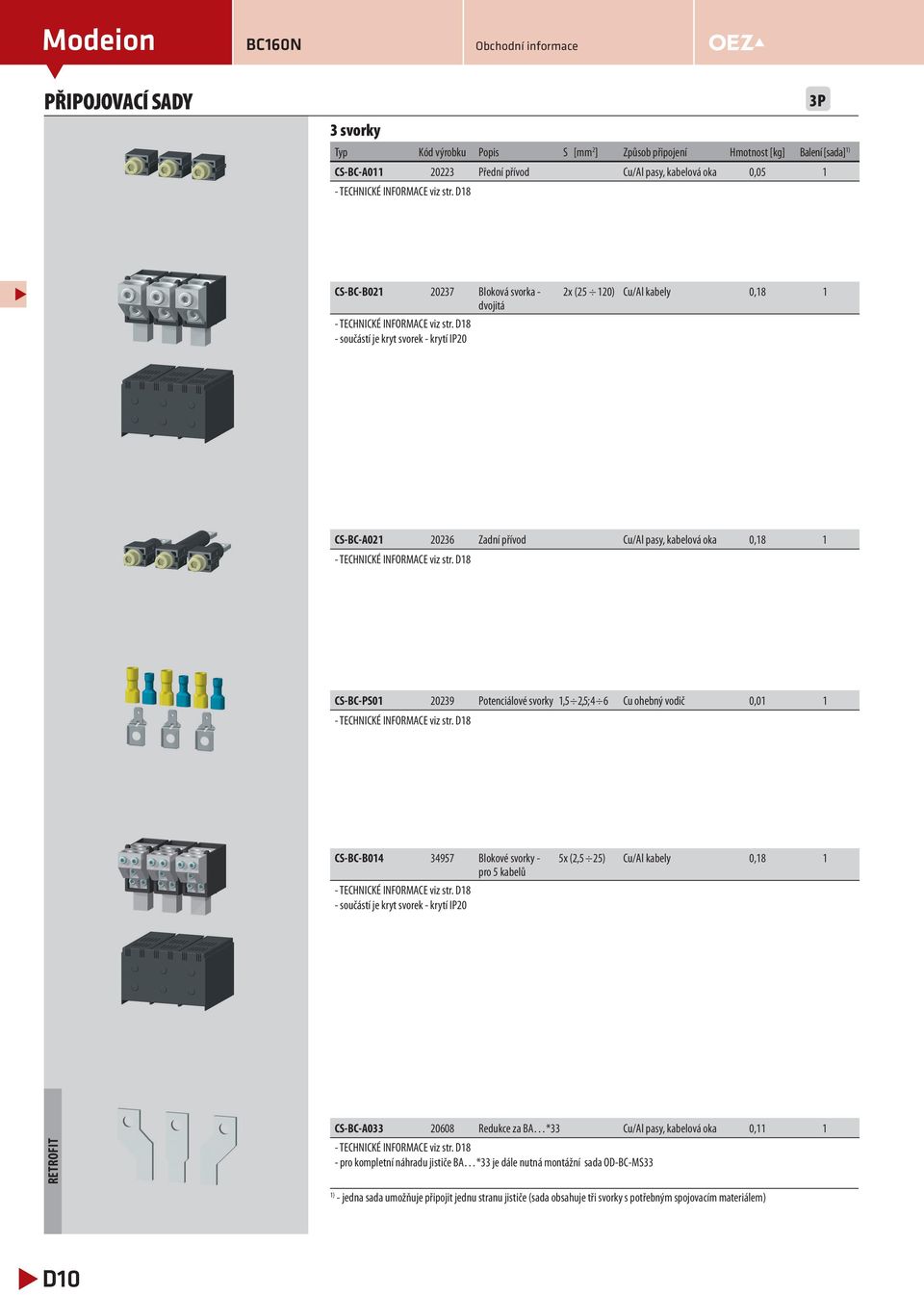 D8 - součástí je kryt svorek - krytí IP2 2x ( 2) Cu/Al kabely,8 CS-BC-A2 2236 Zadní přívod Cu/Al pasy, kabelová oka,8 - TECHNICKÉ INFORMACE viz str.