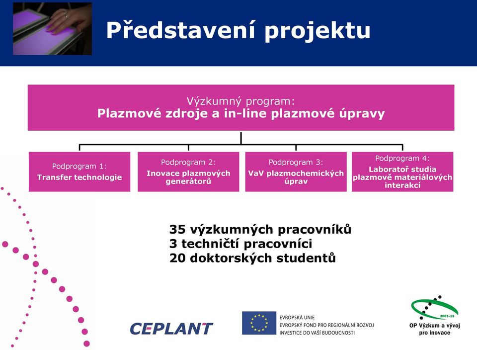 Podprogram 3: VaV plazmochemických úprav Podprogram 4: Laboratoř studia plazmově