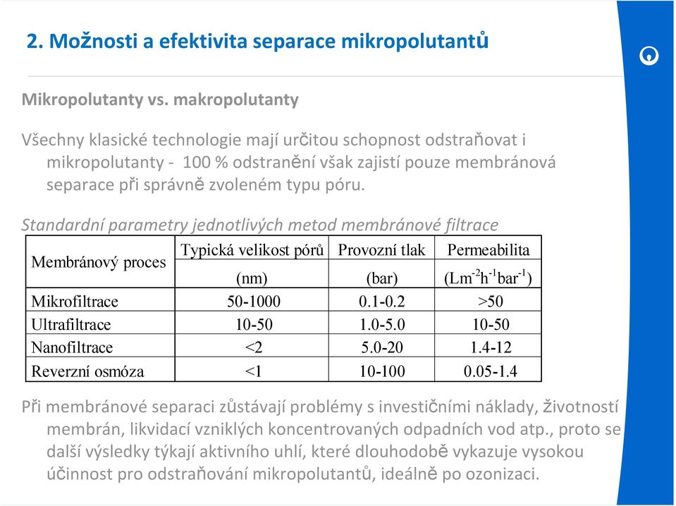 Standardní parametry jednotlivých metod membránové filtrace Membránový proces Typická velikost pórů Provozní tlak Permeabilita (nm) (bar) (Lm -2 h -1 bar -1 ) Mikrofiltrace 50-1000 0.1-0.