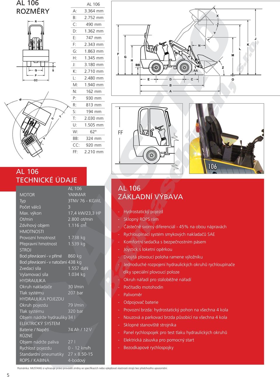 výkon Ot/min Zdvihový objem HMOTNOSTI Provozní hmotnost Přepravní hmotnost STROJ Bod převrácení - v přímé Bod převrácení - v natočení Zvedací síla Vylamovací síla HYDRAULIKA Okruh nakladače Tlak