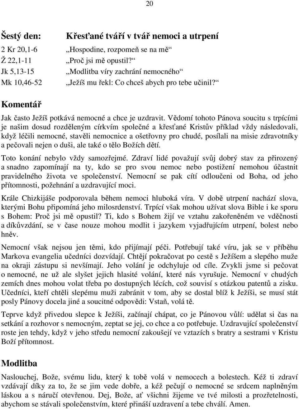 Vědomí tohoto Pánova soucitu s trpícími je našim dosud rozděleným církvím společné a křesťané Kristův příklad vždy následovali, když léčili nemocné, stavěli nemocnice a ošetřovny pro chudé, posílali