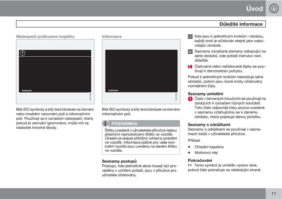 Pokud k jednotlivým krokům neexistuje série obrázků, potom jsou různé kroky očíslovány normálními čísly. Bílé ISO symboly a bílý text/obrázek na černém nebo modrém varovném poli a informačním poli.