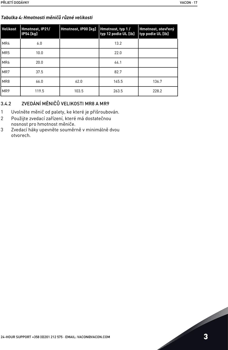 5 263.5 228.2 3.4.2 ZVEDÁNÍ MĚNIČŮ VELIKOSTI MR8 A MR9 1 Uvolněte měnič od palety, ke které je přišroubován.