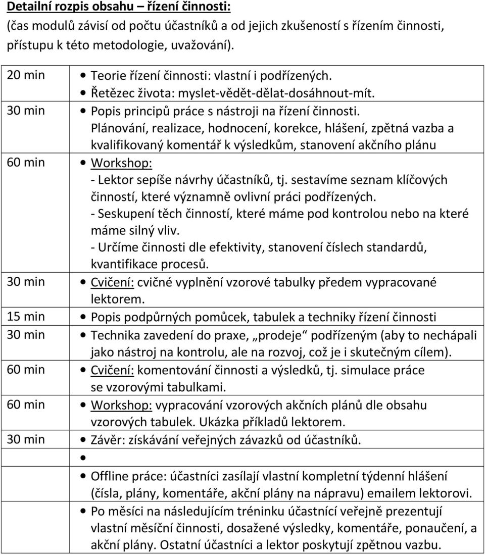 Plánování, realizace, hodnocení, korekce, hlášení, zpětná vazba a kvalifikovaný komentář k výsledkům, stanovení akčního plánu 60 min Workshop: - Lektor sepíše návrhy účastníků, tj.