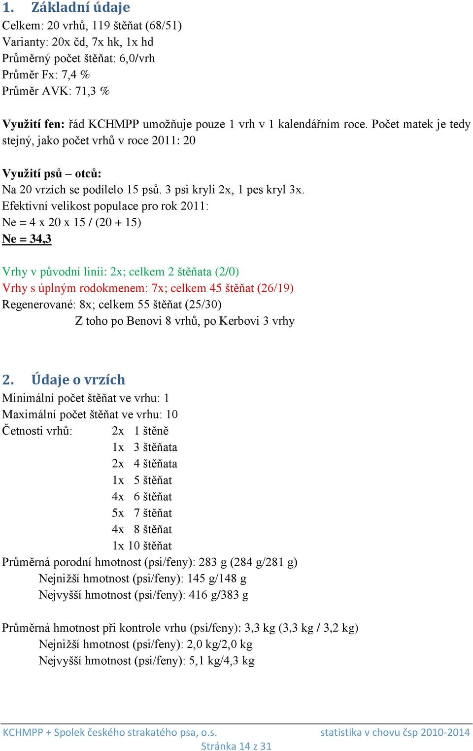 Efektivní velikost populace pro rok 2011: Ne = 4 x 20 x 15 / (20 + 15) Ne = 34,3 Vrhy v původní linii: 2x; celkem 2 štěňata (2/0) Vrhy s úplným rodokmenem: 7x; celkem 45 štěňat (26/19) Regenerované: