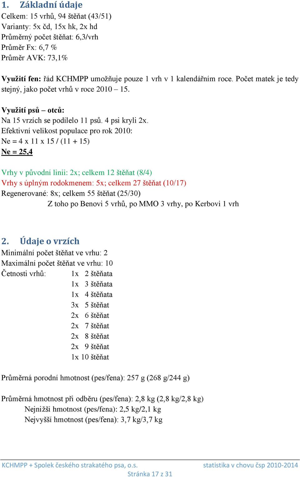 Efektivní velikost populace pro rok 2010: Ne = 4 x 11 x 15 / (11 + 15) Ne = 25,4 Vrhy v původní linii: 2x; celkem 12 štěňat (8/4) Vrhy s úplným rodokmenem: 5x; celkem 27 štěňat (10/17) Regenerované: