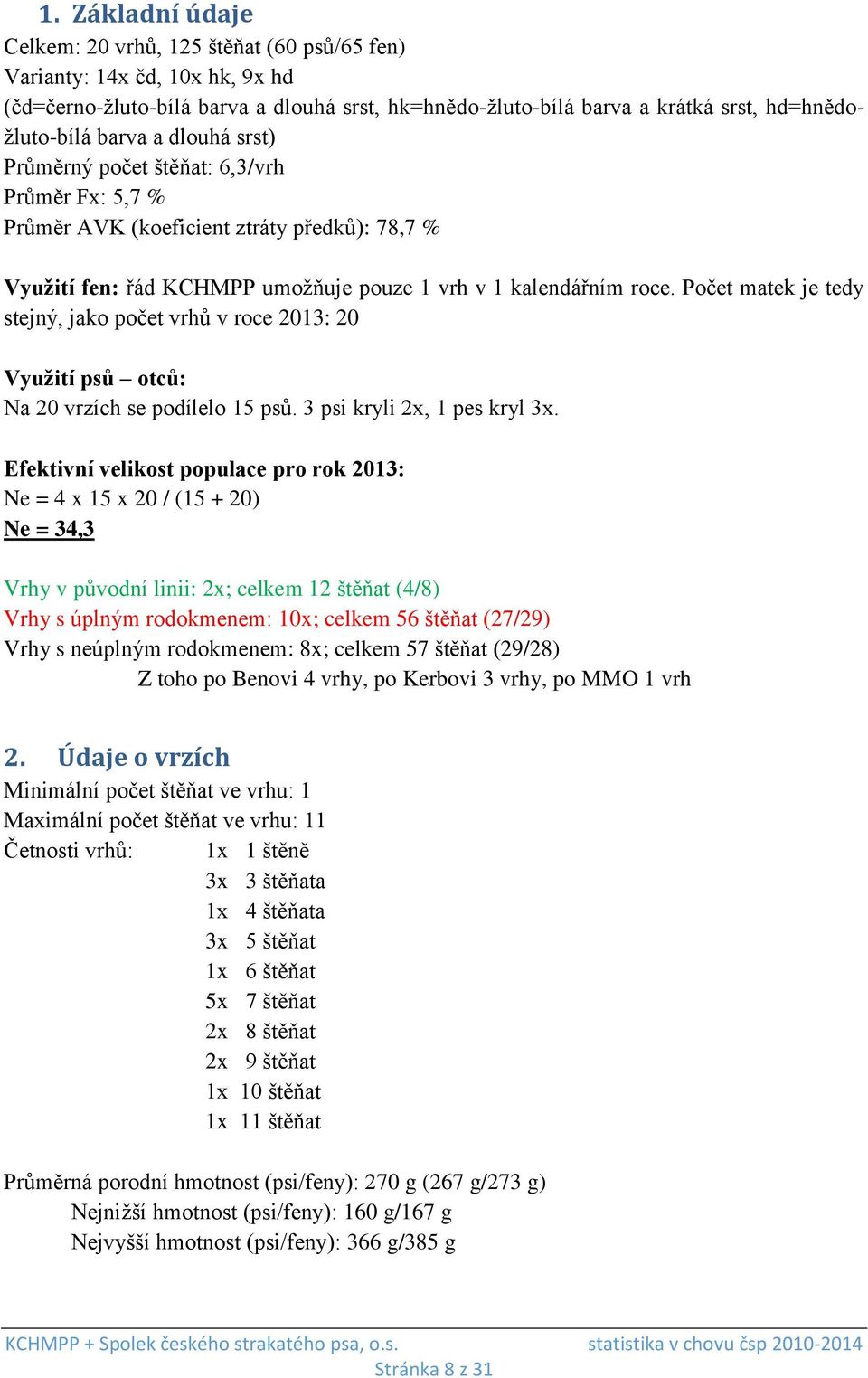 Počet matek je tedy stejný, jako počet vrhů v roce 2013: 20 Využití psů otců: Na 20 vrzích se podílelo 15 psů. 3 psi kryli 2x, 1 pes kryl 3x.