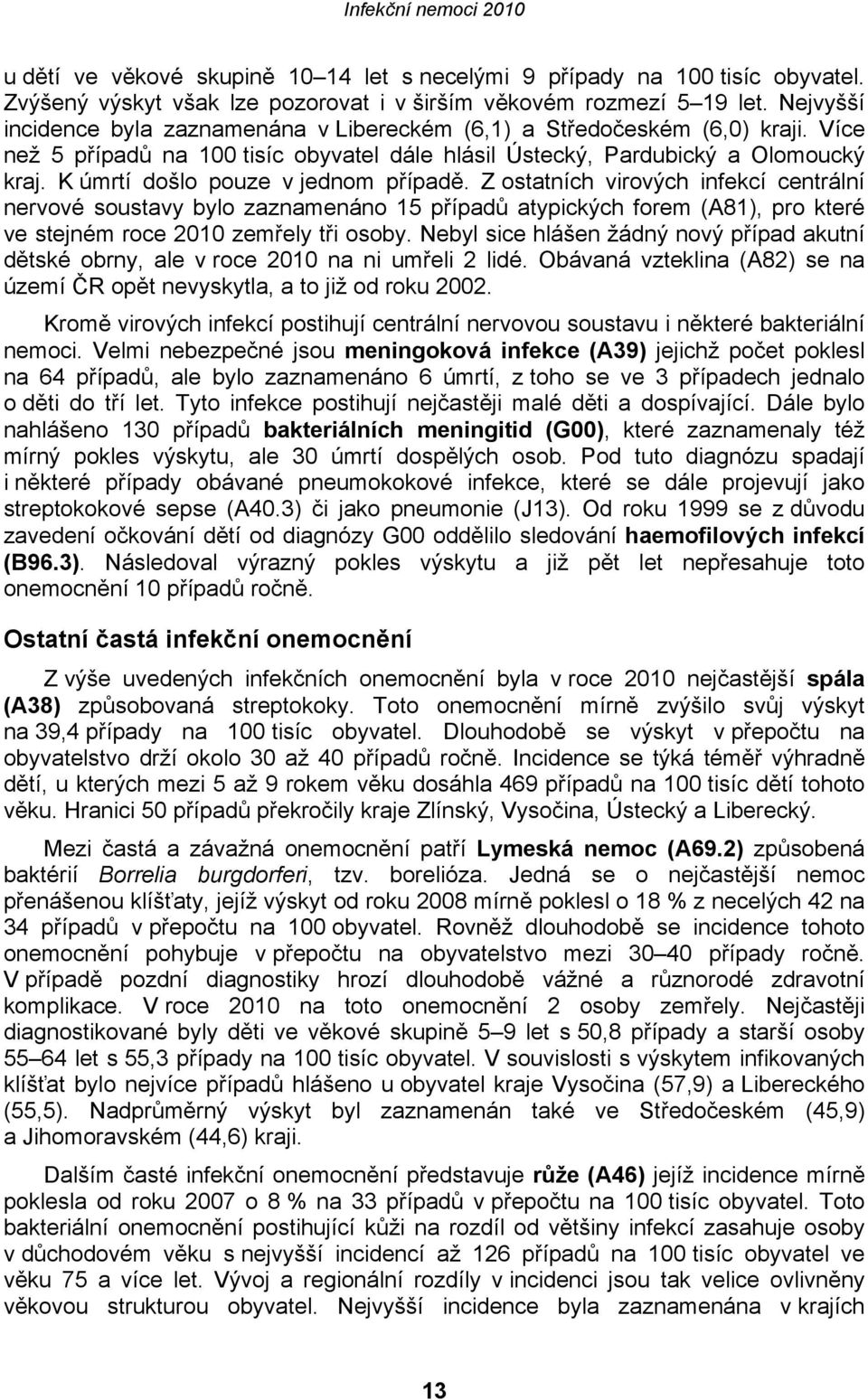 K úmrtí došlo pouze v jednom případě. Z ostatních virových infekcí centrální nervové soustavy bylo zaznamenáno 15 případů atypických forem (A81), pro které ve stejném roce 2010 zemřely tři osoby.