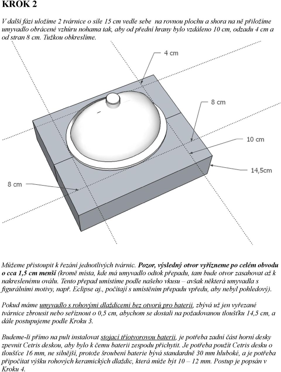 Pozor, výsledný otvor vyřízneme po celém obvodu o cca 1,5 cm menší (kromě místa, kde má umyvadlo odtok přepadu, tam bude otvor zasahovat až k nakreslenému oválu.