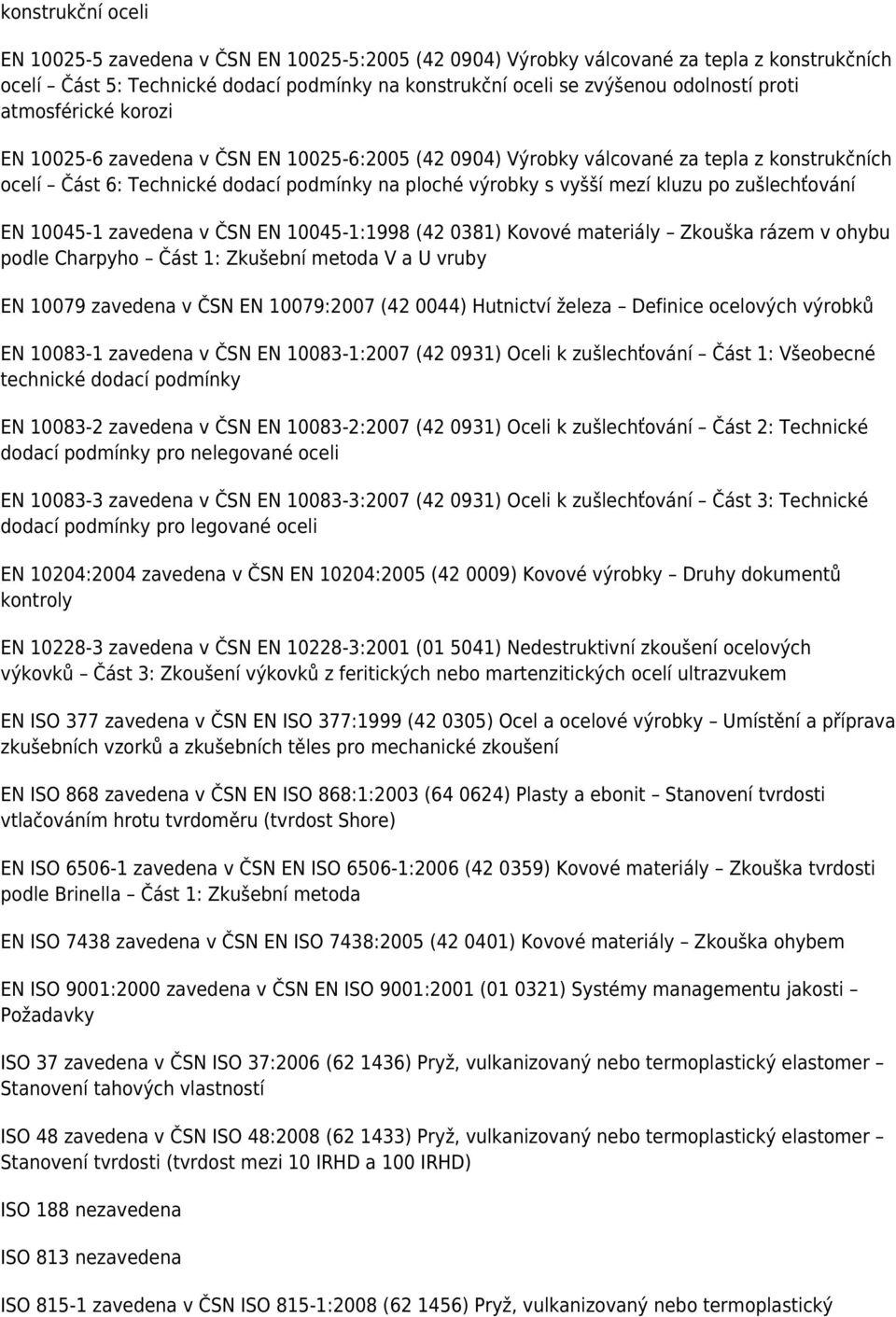 po zušlechťování EN 10045-1 zavedena v ČSN EN 10045-1:1998 (42 0381) Kovové materiály Zkouška rázem v ohybu podle Charpyho Část 1: Zkušební metoda V a U vruby EN 10079 zavedena v ČSN EN 10079:2007