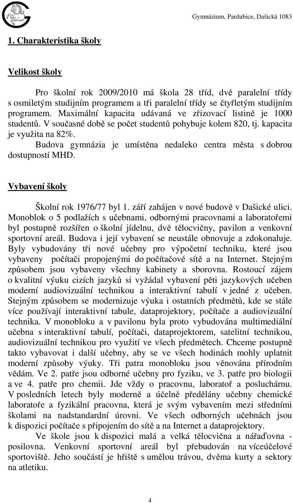 Budova gymnázia je umístěna nedaleko centra města s dobrou dostupností MHD. Vybavení školy Školní rok 1976/77 byl 1. září zahájen v nové budově v Dašické ulici.