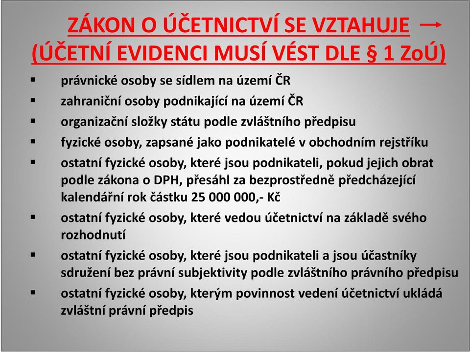 bezprostředně předcházející kalendářní rok částku 25000000,- Kč ostatní fyzické osoby, které vedou účetnictví na základě svého rozhodnutí ostatní fyzické osoby, které jsou