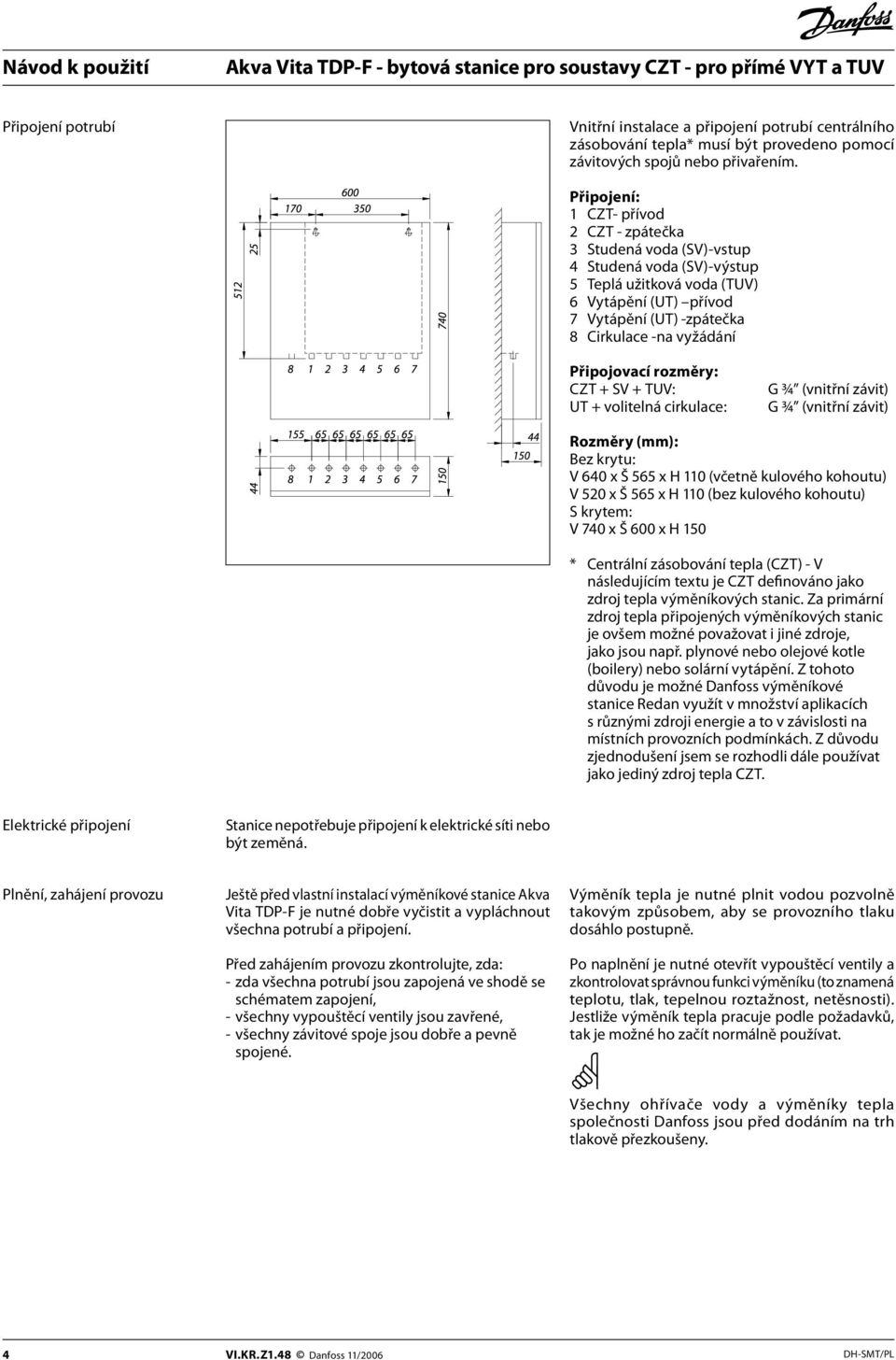 Připojovací rozměry: CZT + SV + TUV: UT + volitelná cirkulace: G ¾ (vnitřní závit) G ¾ (vnitřní závit) Rozměry (mm): Bez krytu: V 640 x Š 565 x H 110 (včetně kulového kohoutu) V 520 x Š 565 x H 110