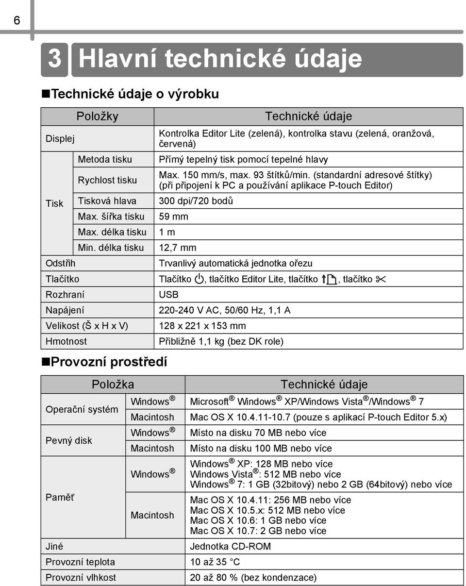 (standardní adresové štítky) (při připojení k PC a používání aplikace P-touch Editor) 300 dpi/720 bodů 59 mm 1 m 12,7 mm Trvanlivý automatická jednotka ořezu Tlačítko Tlačítko, tlačítko Editor Lite,