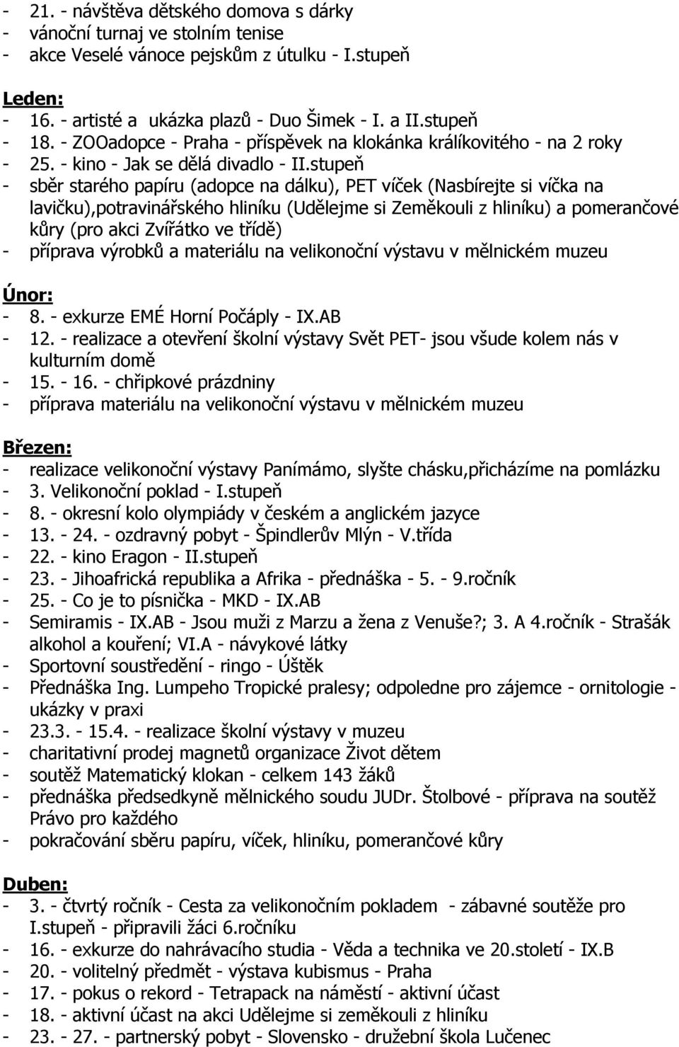 stupeň - sběr starého papíru (adopce na dálku), PET víček (Nasbírejte si víčka na lavičku),potravinářského hliníku (Udělejme si Zeměkouli z hliníku) a pomerančové kůry (pro akci Zvířátko ve třídě) -