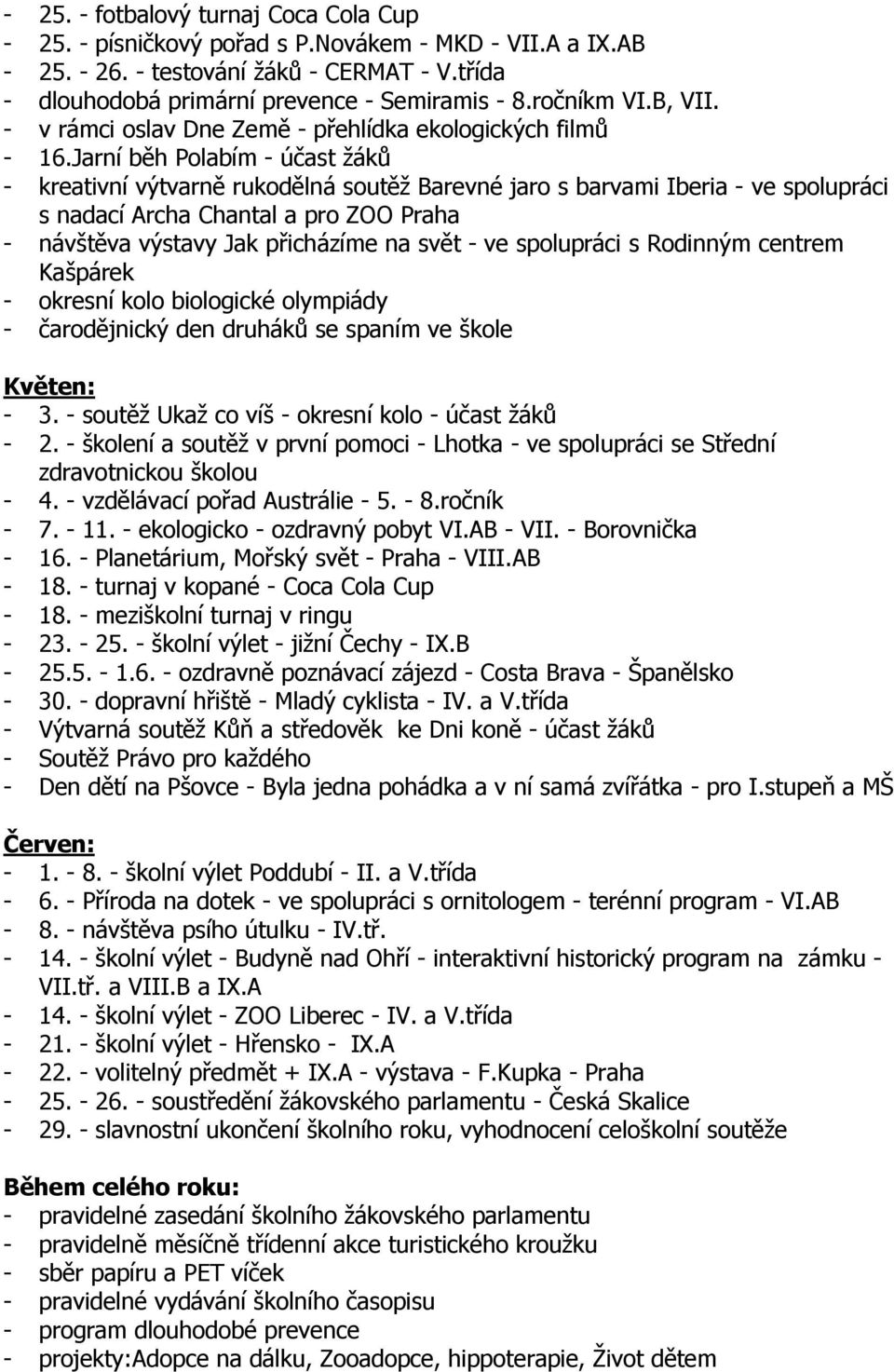 Jarní běh Polabím - účast žáků - kreativní výtvarně rukodělná soutěž Barevné jaro s barvami Iberia - ve spolupráci s nadací Archa Chantal a pro ZOO Praha - návštěva výstavy Jak přicházíme na svět -