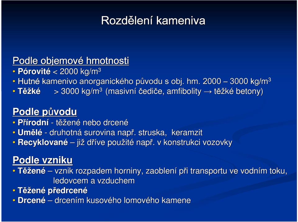 2000 3000 kg/m 3 Těžké > 3000 kg/m 3 (masivní čediče, e, amfibolity těžké betony) Podle původup Přírodní - těžené nebo drcené