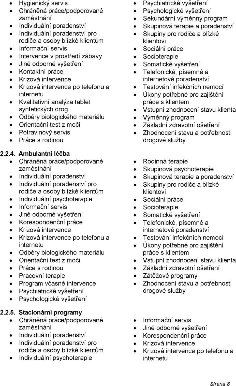 Potravinový servis Práce s rodinou Psychiatrické vyšetření Psychologické vyšetření Sekundární výměnný program Skupinová terapie a poradenství Skupiny pro rodiče a blízké klientovi Sociální práce