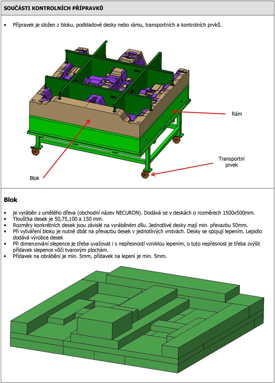 Rozměry konkrétních desek jsou závislé na vyráběném dílu. Jednotlivé desky mají min. převazbu 50mm. Při vytváření bloku je nutné dbát na převazbu desek v jednotlivých vrstvách.