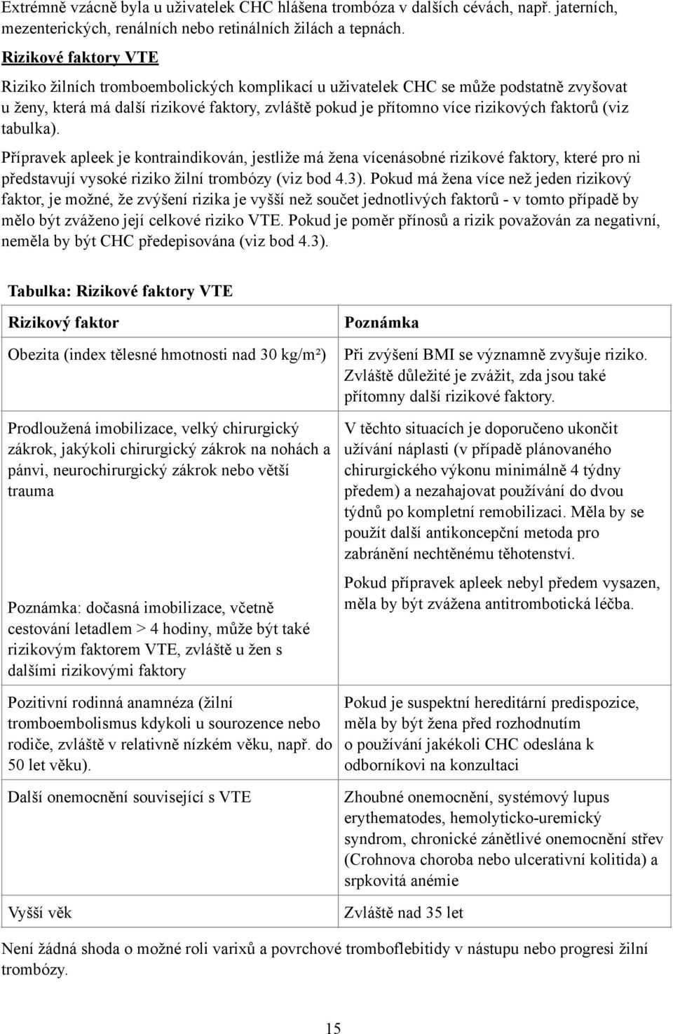 (viz tabulka). Přípravek apleek je kontraindikován, jestliže má žena vícenásobné rizikové faktory, které pro ni představují vysoké riziko žilní trombózy (viz bod 4.3).