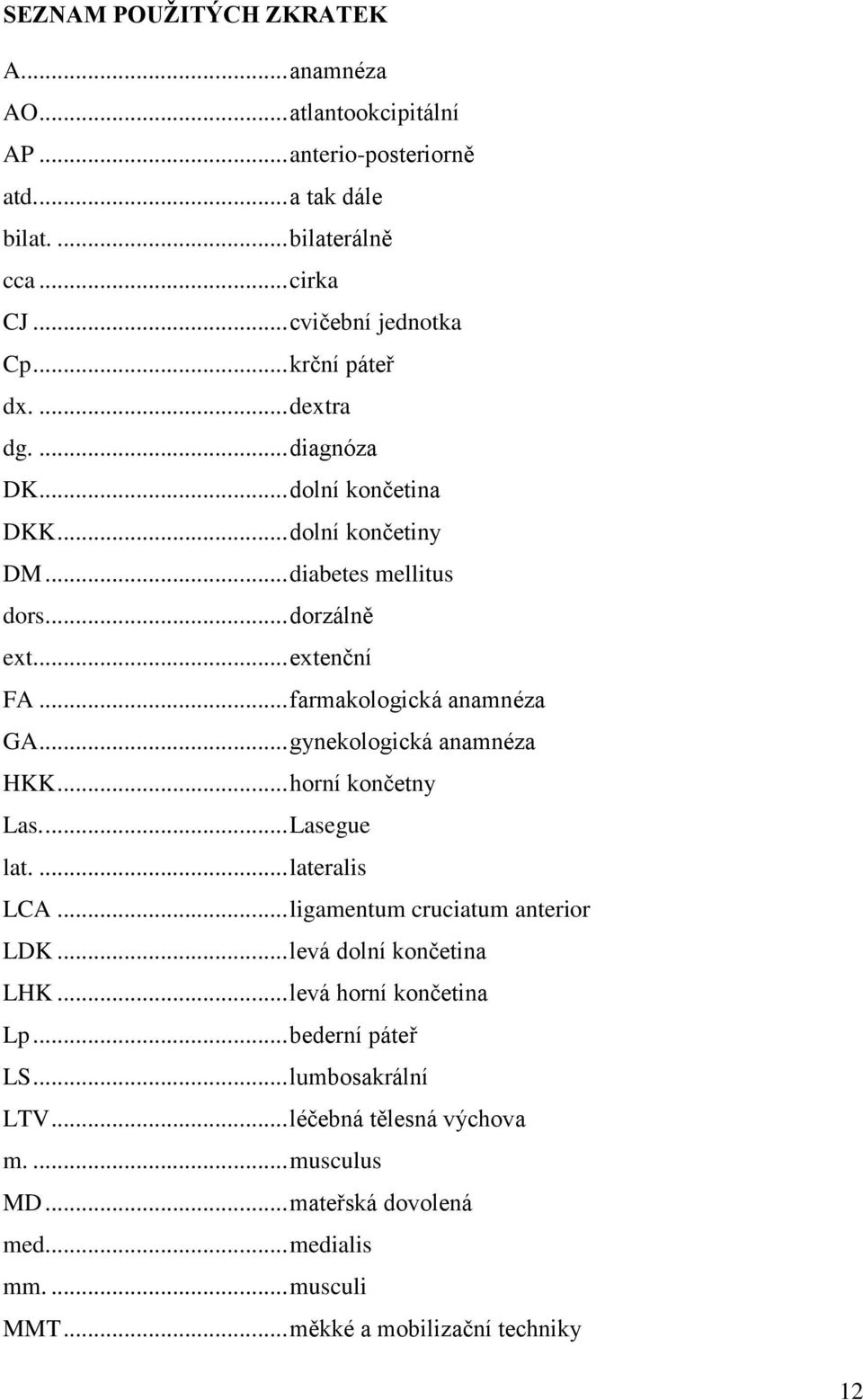 .. farmakologická anamnéza GA... gynekologická anamnéza HKK... horní končetny Las.... Lasegue lat.... lateralis LCA... ligamentum cruciatum anterior LDK.