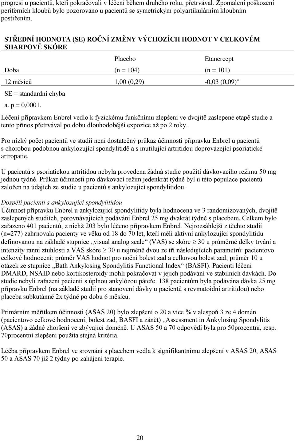 Léčení přípravkem Enbrel vedlo k fyzickému funkčnímu zlepšení ve dvojitě zaslepené etapě studie a tento přínos přetrvával po dobu dlouhodobější expozice až po 2 roky.