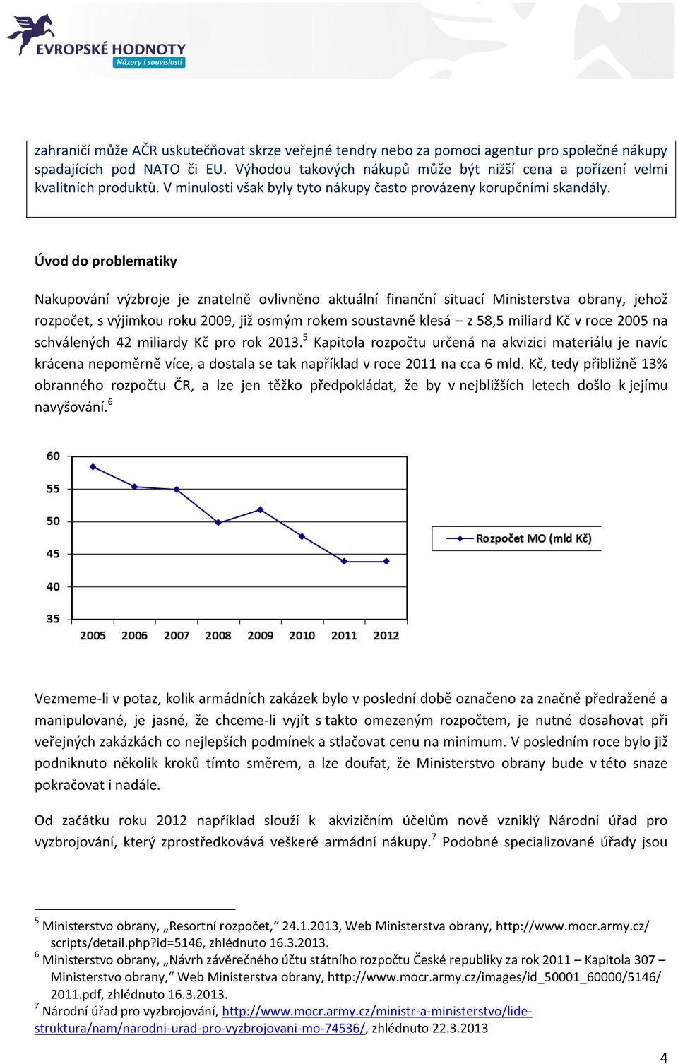 Úvod do problematiky Nakupování výzbroje je znatelně ovlivněno aktuální finanční situací Ministerstva obrany, jehož rozpočet, s výjimkou roku 2009, již osmým rokem soustavně klesá z 58,5 miliard Kč v