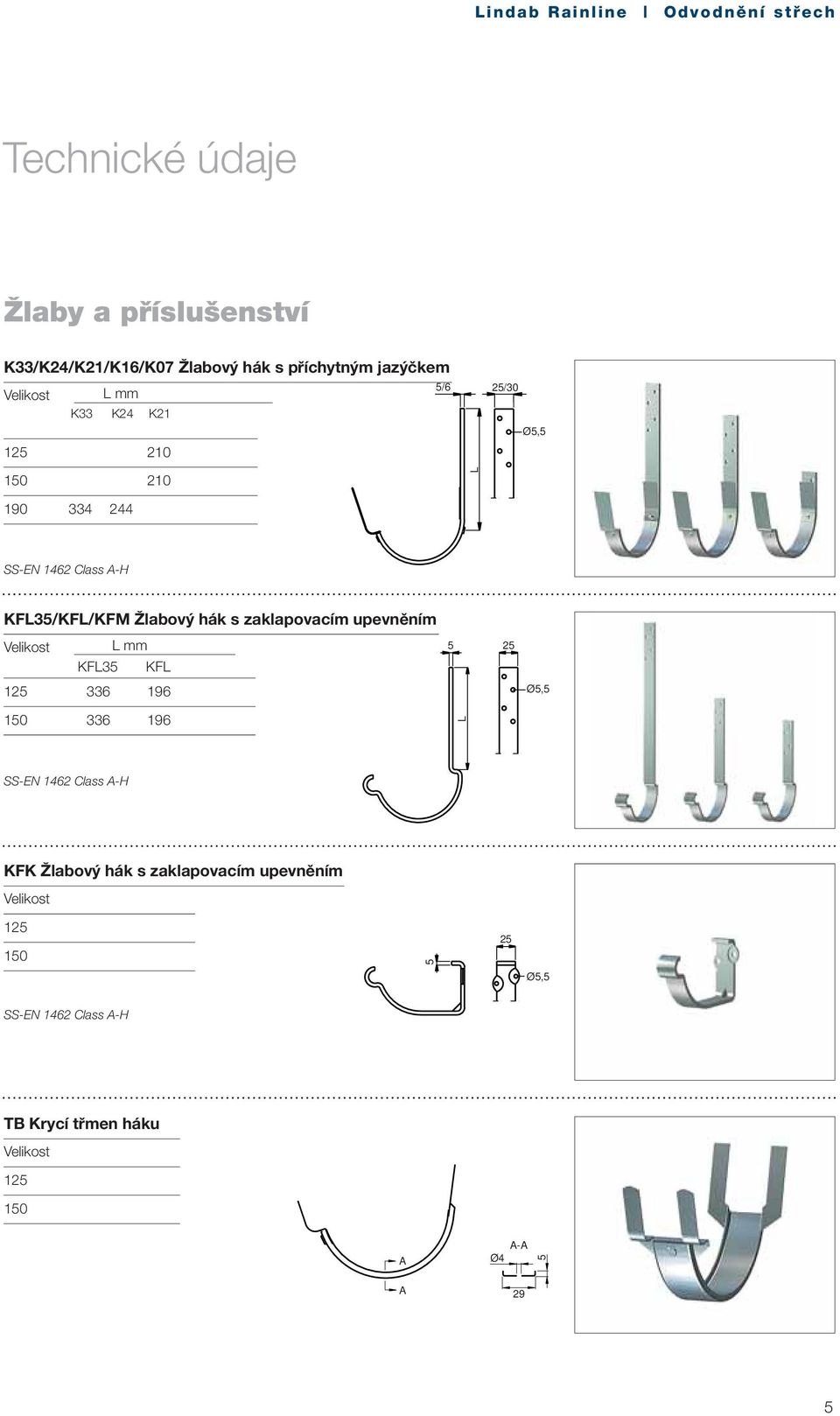 Žlabový hák s zaklapovacím upevněním mm KF35 KF 125 336 196 5 25 Ø5,5 1 336 196 SS-EN 1462 Class -H