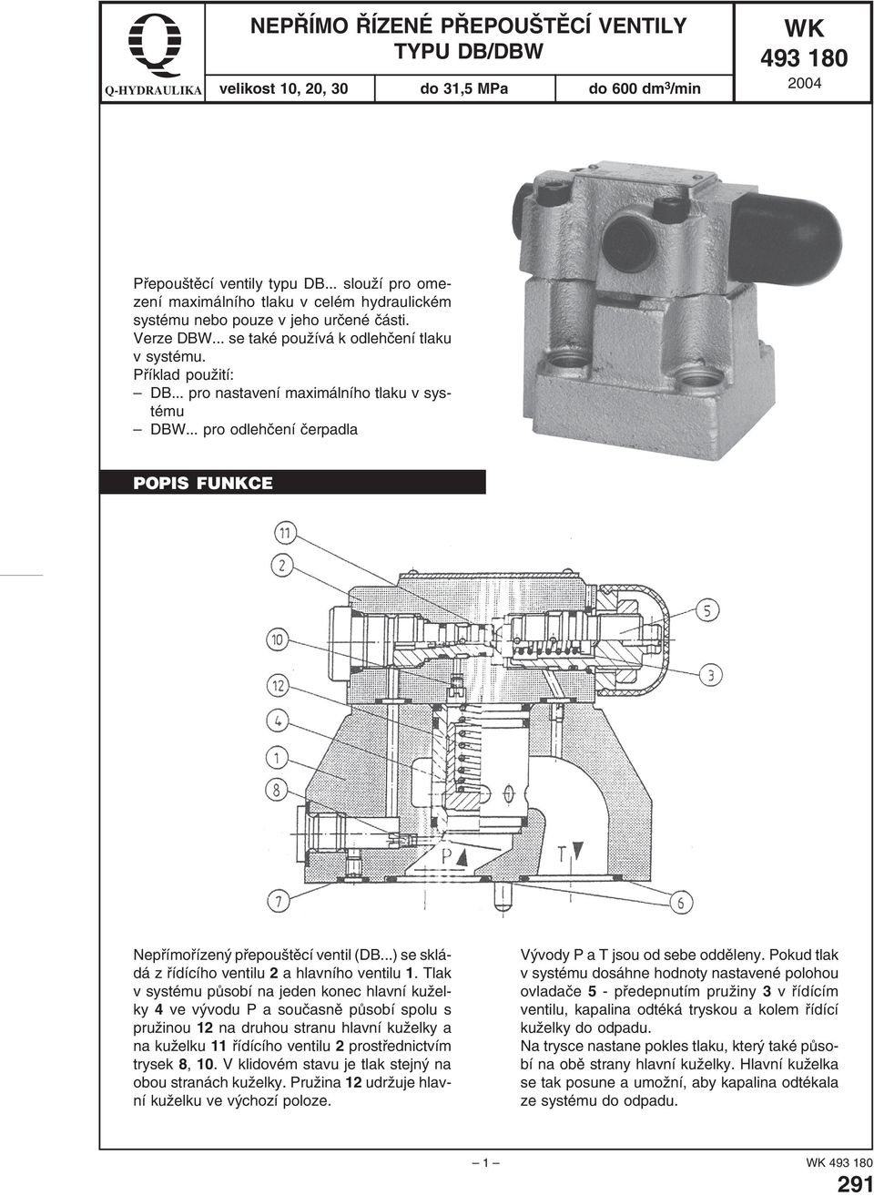 .. pro nastavení maximálního tlaku v systému DBW... pro odlehčení čerpadla POPIS FUNKCE Nepřímořízený přepouštěcí ventil (DB...) se skládá z řídícího ventilu 2 a hlavního ventilu 1.