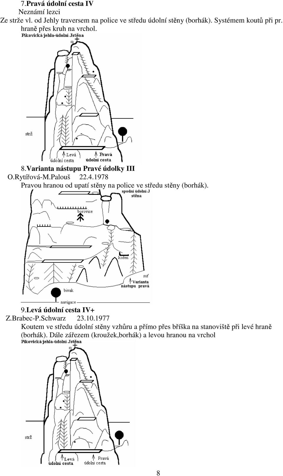 1978 Pravou hranou od upatí stěny na police ve středu stěny (borhák). 9.Levá údolní cesta IV+ Z.Brabec-P.Schwarz 23.10.