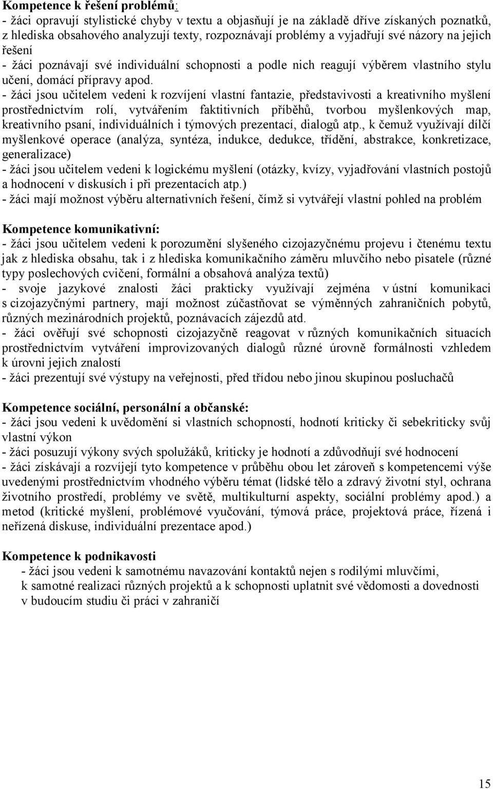 - žáci jsou učitelem vedeni k rozvíjení vlastní fantazie, představivosti a kreativního myšlení prostřednictvím rolí, vytvářením faktitivních příběhů, tvorbou myšlenkových map, kreativního psaní,