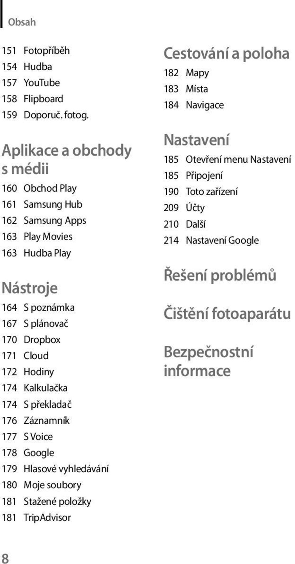 Dropbox 171 Cloud 172 Hodiny 174 Kalkulačka 174 S překladač 176 Záznamník 177 S Voice 178 Google 179 Hlasové vyhledávání 180 Moje soubory 181 Stažené