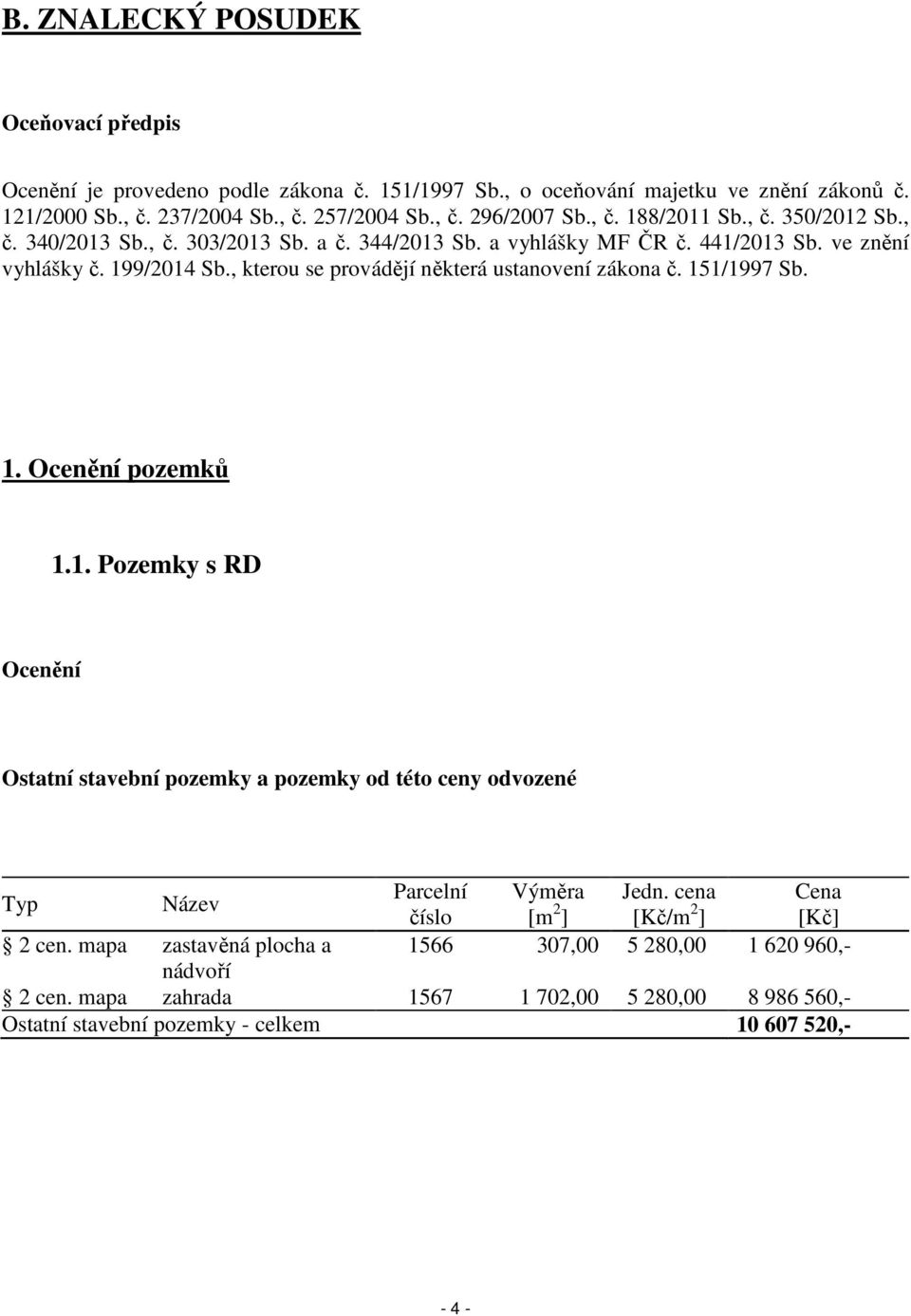 , kterou se provádějí některá ustanovení zákona č. 151/1997 Sb. 1. Ocenění pozemků 1.1. Pozemky s RD Ocenění Ostatní stavební pozemky a pozemky od této ceny odvozené Typ Název Parcelní Výměra Jedn.