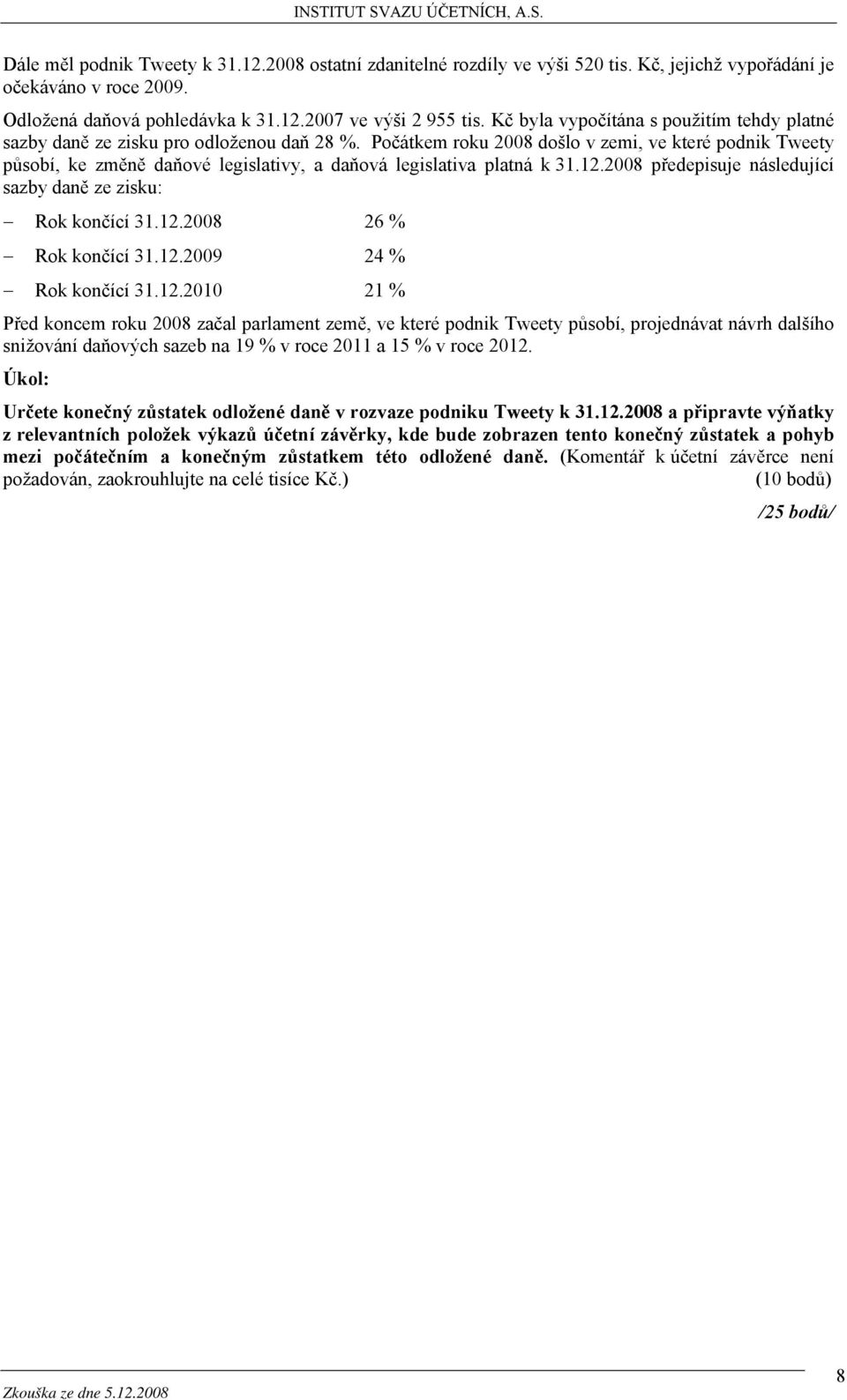 Počátkem roku 2008 došlo v zemi, ve které podnik Tweety působí, ke změně daňové legislativy, a daňová legislativa platná k 31.12.2008 předepisuje následující sazby daně ze zisku: Rok končící 31.12.2008 26 % Rok končící 31.