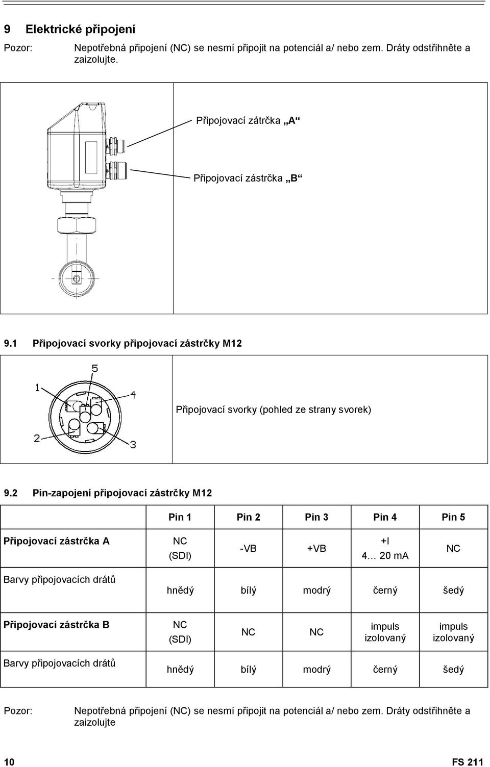 2 Pin-zapojení připojovací zástrčky M12 Pin 1 Pin 2 Pin 3 Pin 4 Pin 5 Připojovací zástrčka A NC (SDI) -VB +VB +I 4 20 ma NC Barvy připojovacích drátů hnědý bílý modrý černý