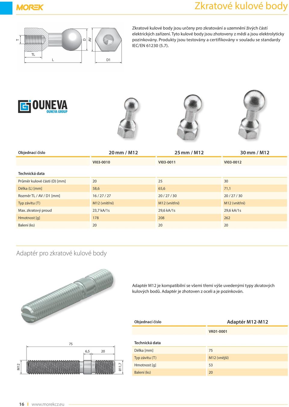 TL L D1 20 mm / M12 25 mm / M12 30 mm / M12 VI030010 VI030011 VI030012 Průměr kulové části (D) [mm] 20 25 30 Délka (L) [mm] 58,6 65,6 71,1 Rozměr TL / AV / D1 [mm] 16 / 27 / 27 20 / 27 / 30 20 / 27 /