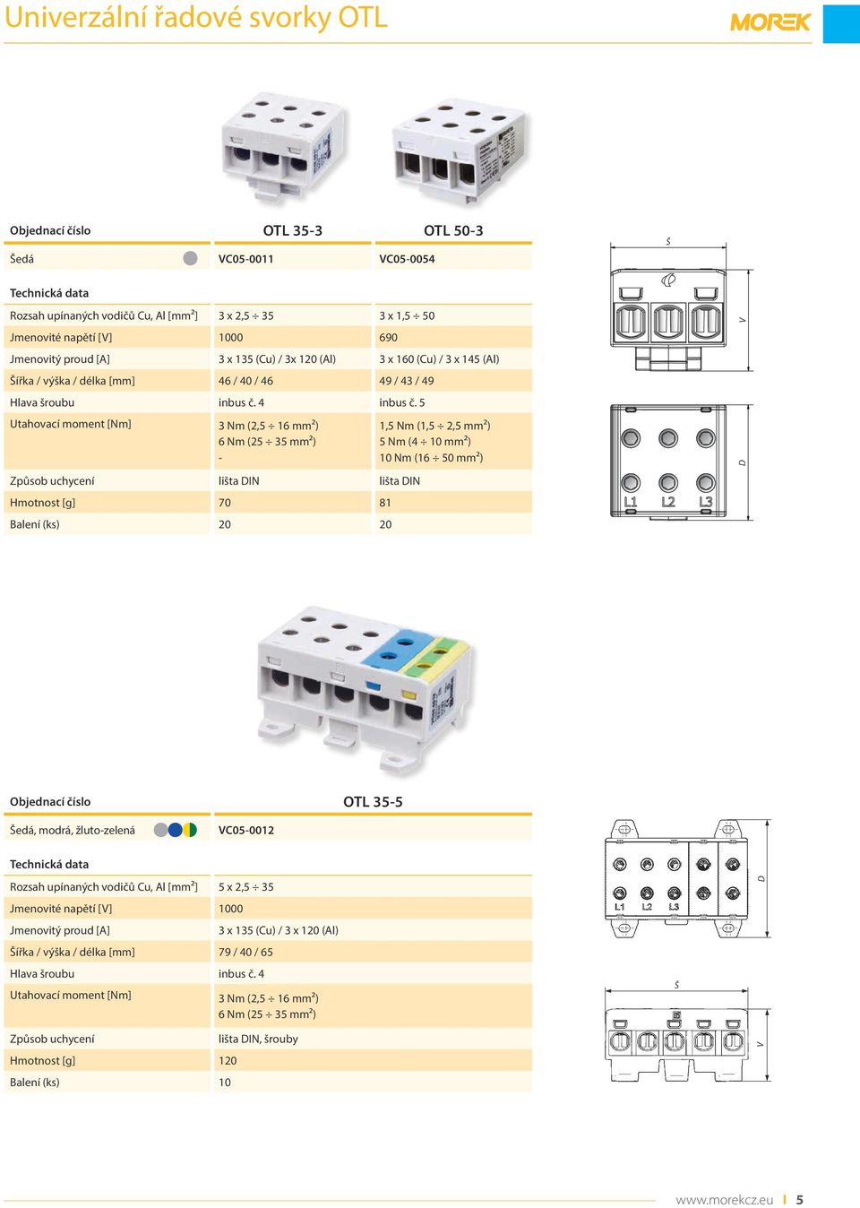 5 H1 L2 Utahovací moment [Nm] 3 Nm (2,5 16 mm²) 6 Nm (25 35 mm²) 1,5 Nm (1,5 2,5 mm²) 5 Nm (4 10 mm²) 10 Nm (16 50 mm²) D L2 Způsob uchycení lišta DIN lišta DIN Hmotnost [g] 70 81 Balení (ks) 20 20