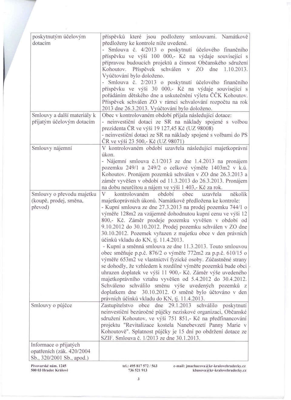 4/2013 o poskytnutí účelového finančního příspěvku ve výši 100 000,- Kč na výdaje související s přípravou budoucích projektů a činno t Občanského sdružení Kohoutov. Příspěvek schválen v ZO dne 1.10.2013. Vyúčtování bylo doloženo.