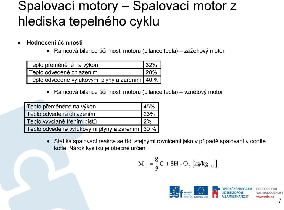 vznětový motor Teplo přeměněné na výkon 45% Teplo odvedené chlazením 23% Teplo vyvolané třením pístů 2% Teplo odvedené výfukovými plyny a zářením 30 %