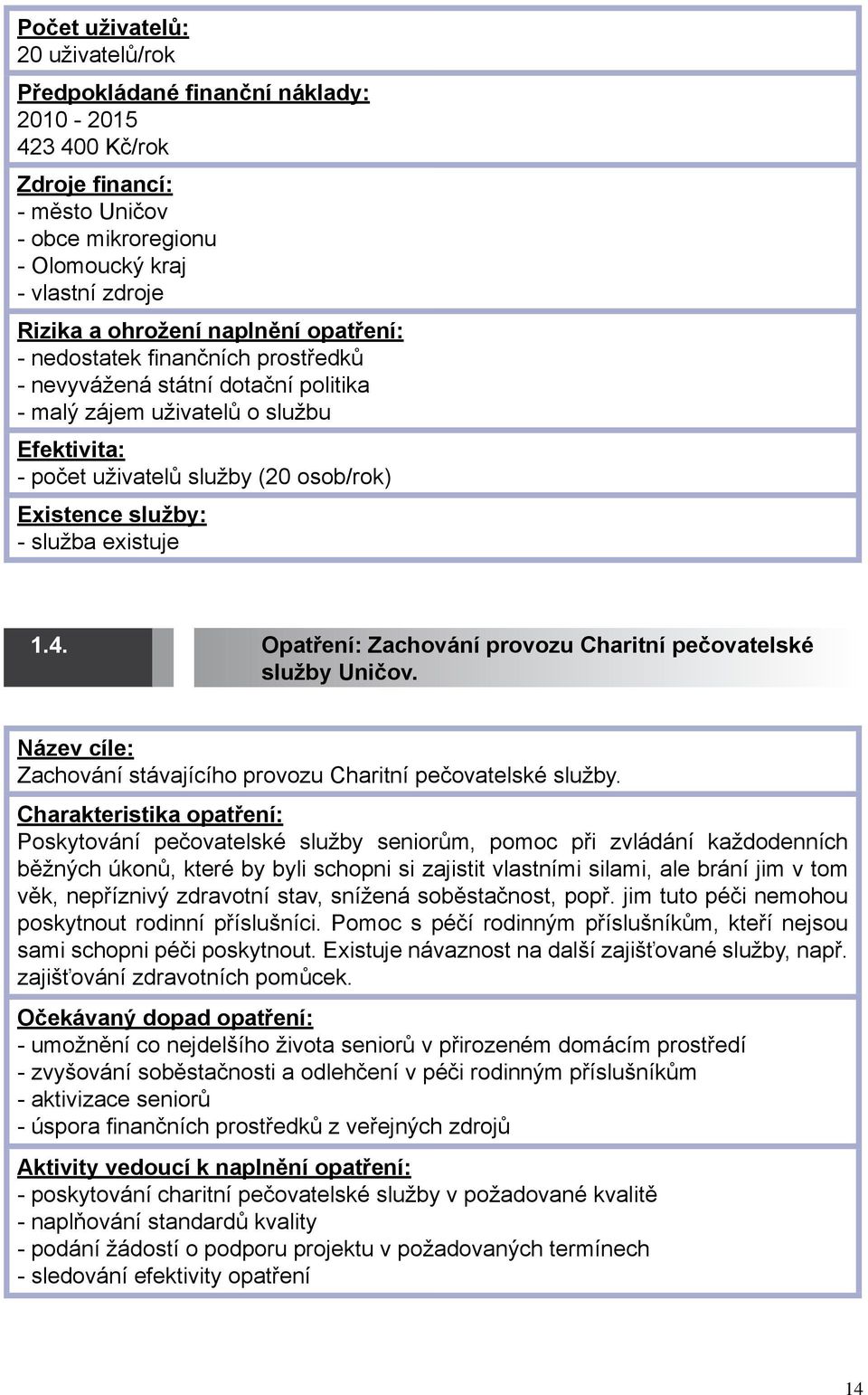 Opatření: Zachování provozu Charitní pečovatelské služby Uničov. Název cíle: Zachování stávajícího provozu Charitní pečovatelské služby.