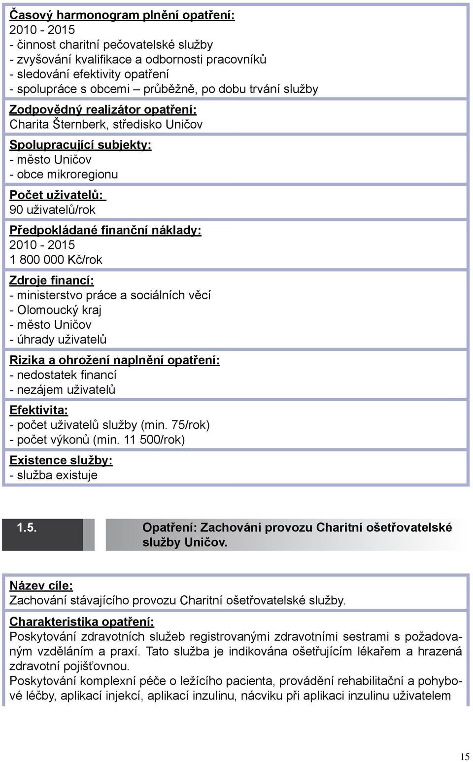 2010-2015 1 800 000 Kč/rok Zdroje financí: - ministerstvo práce a sociálních věcí - Olomoucký kraj - úhrady uživatelů Rizika a ohrožení naplnění opatření: - nedostatek financí - nezájem uživatelů