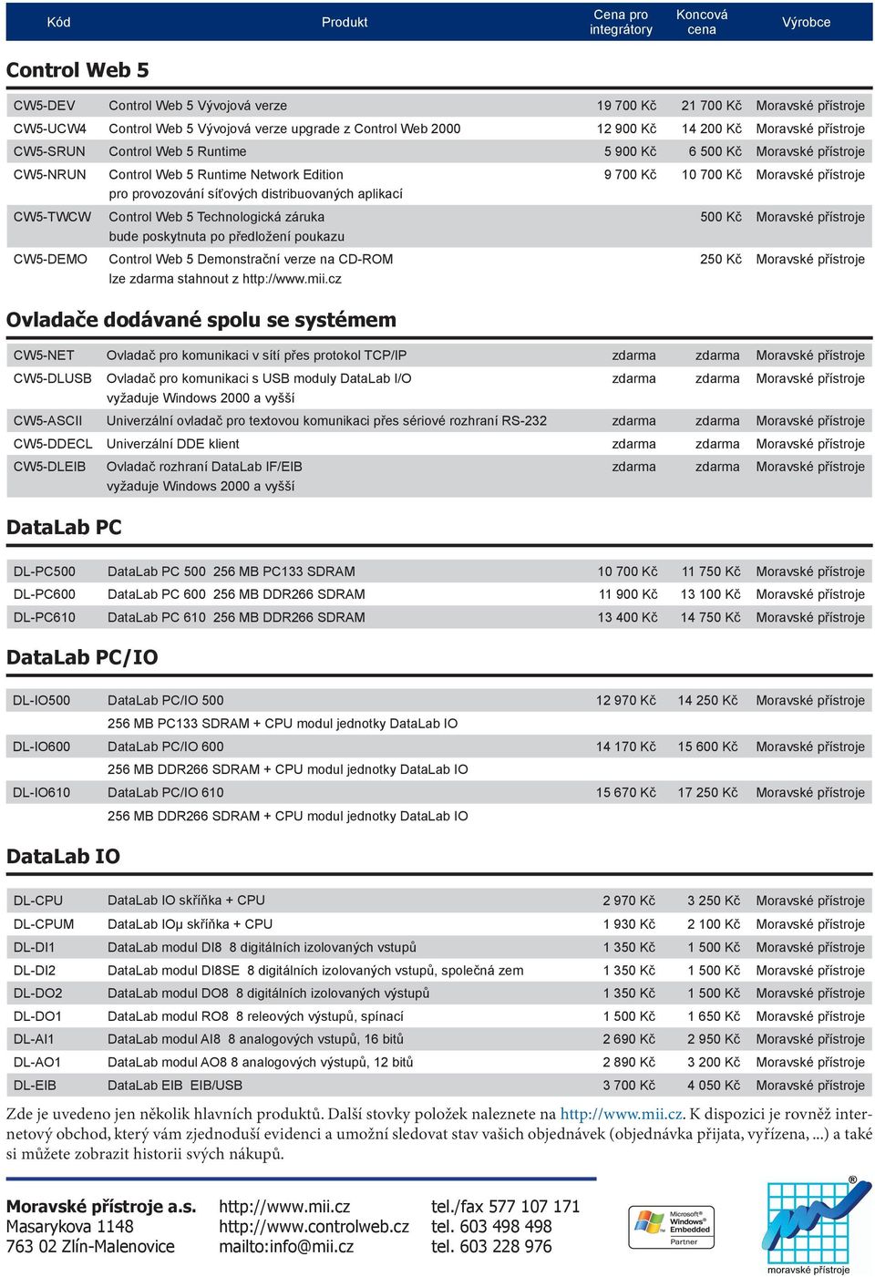 síťových distribuovaných aplikací Control Web 5 Technologická záruka bude poskytnuta po předložení poukazu Control Web 5 Demonstrační verze na CD-ROM lze zdarma stahnout z http://www.mii.