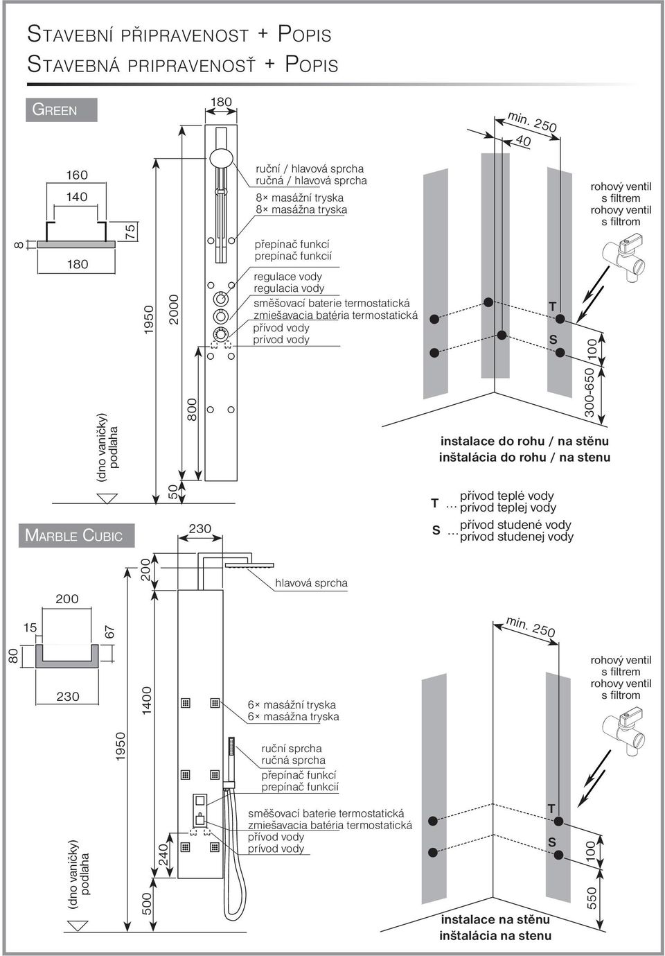 termostatická (dno vaničky) Marble Cubic 50 800 230 300-650 instalace do rohu / na stěnu inštalácia do rohu / na stenu přívod teplé vody... prívod teplej vody.