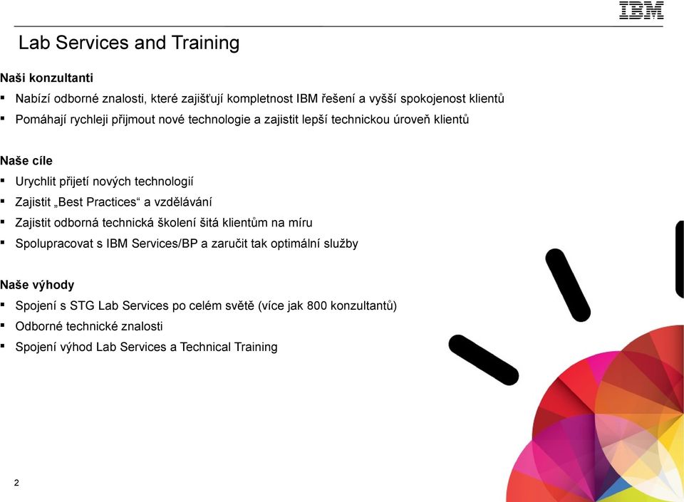 vzdělávání Zajistit odborná technická školení šitá klientům na míru Spolupracovat s IBM Services/BP a zaručit tak optimální služby Naše výhody Spojení
