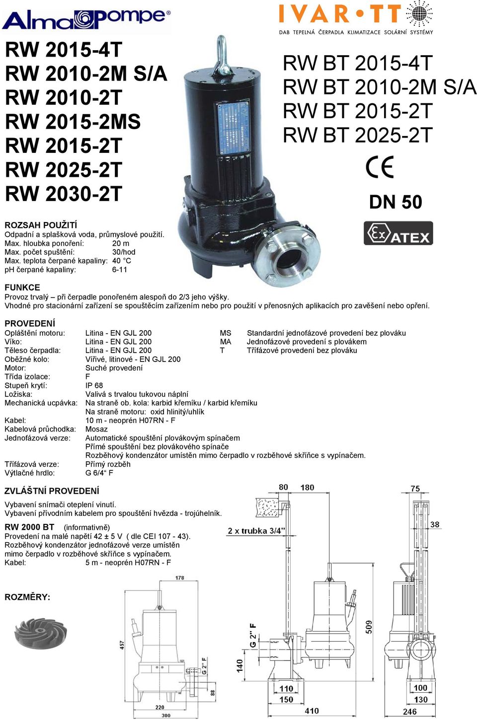 teplota čerpané kapaliny: 40 C ph čerpané kapaliny: 6-11 RW BT 2015-4T RW BT 2010-2M S/A RW BT 2015-2T RW BT 2025-2T DN 50 FUNKCE Provoz trvalý při čerpadle ponořeném alespoň do 2/3 jeho výšky.