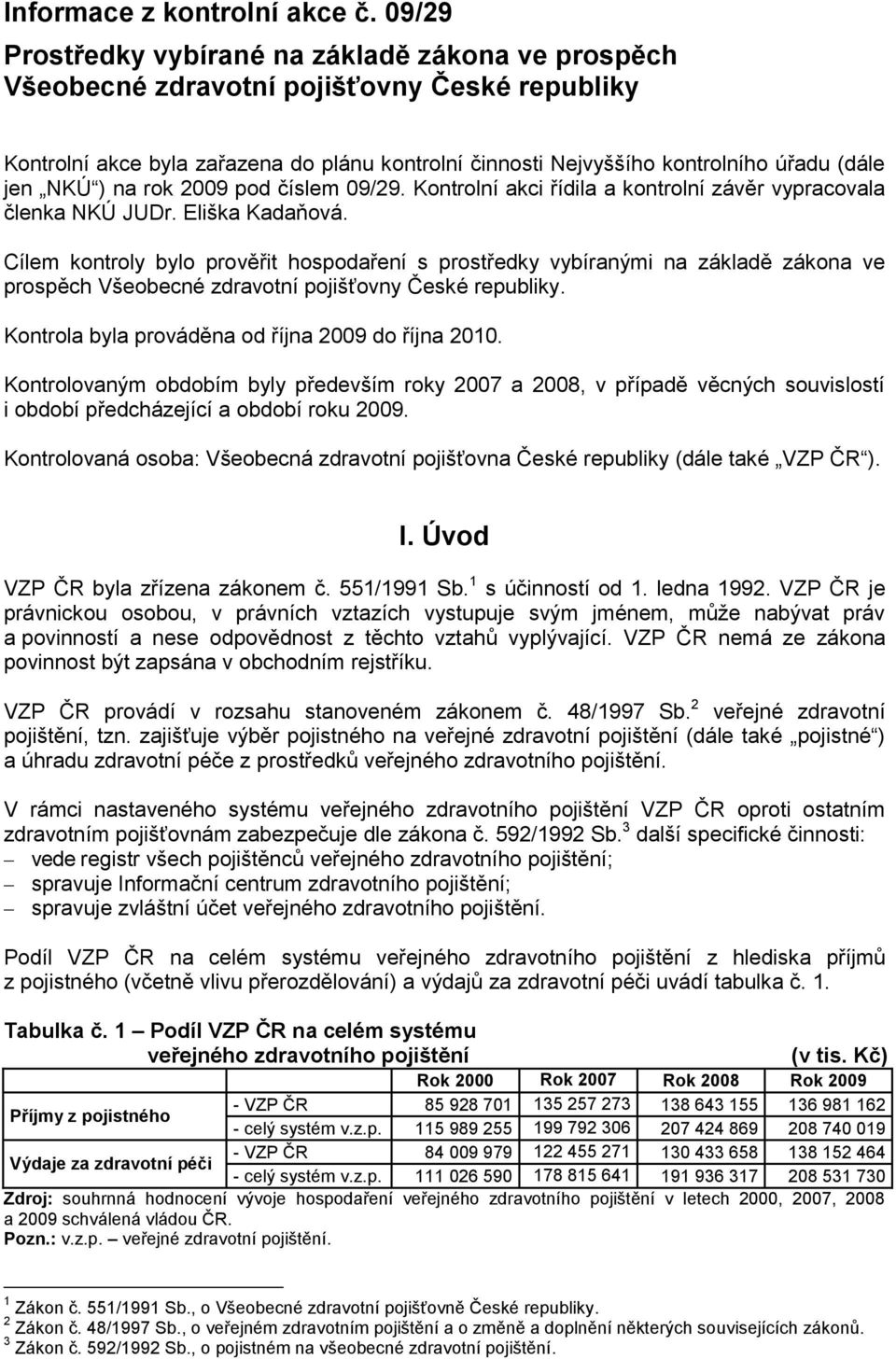 NKÚ ) na rok 2009 pod číslem 09/29. Kontrolní akci řídila a kontrolní závěr vypracovala členka NKÚ JUDr. Eliška Kadaňová.