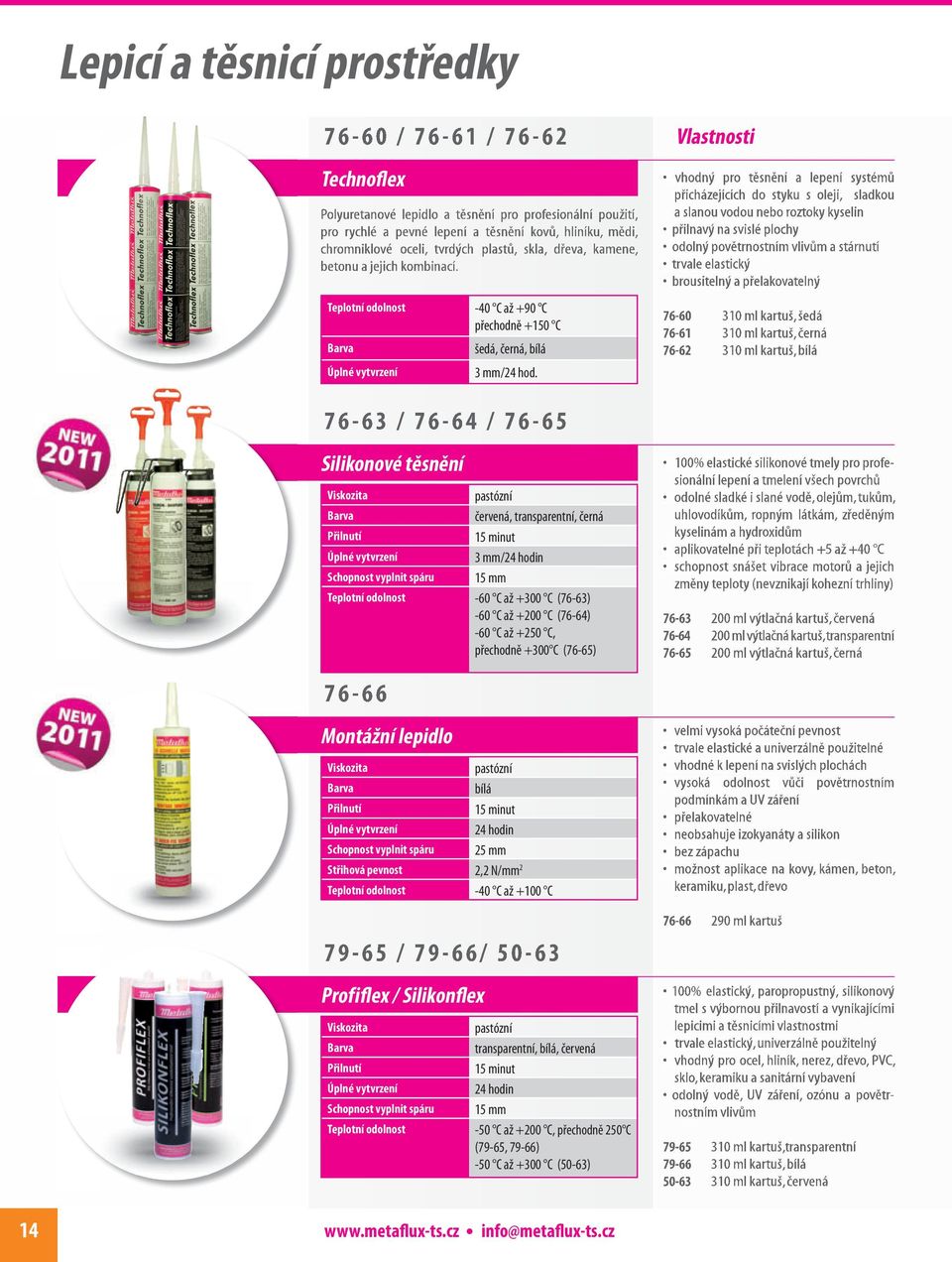 76-63 / 76-64 / 76-65 Silikonové těsnění pastózní červená, transparentní, černá 15 minut 3 mm/24 hodin Schopnost vyplnit spáru 15 mm Teplotní odolnost -60 C až +300 C (76-63) -60 C až +200 C (76-64)